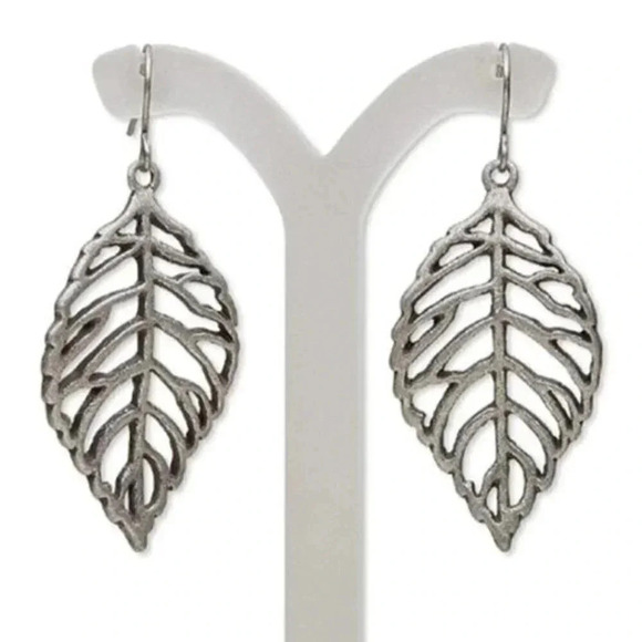 Carved Antiqued Burnished Silver Pewter Wavy Leaf 2" Long Dangle Earrings - Picture 1 of 1